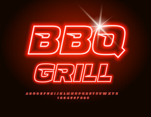 Vector neon advertisement  BBQ Grill. Electric illuminated Font. Bright Glowing Alphabet Letters and Numbers.
