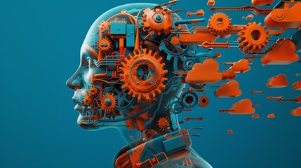 Engineer with a transparent head, through which one can see a storm of gears, circuits, and cloud-like thoughts swirling around, copy space