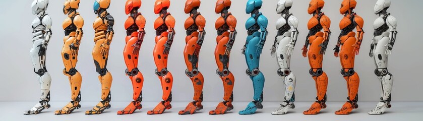 A lineup of diverse robotic models, showcasing different configurations and color schemes in an array of poses against white background.