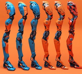 Advanced Robotic Prosthetic Legs in Various Designs. Robotic prosthetic legs displayed in a lineup, highlighting the diversity in design and color