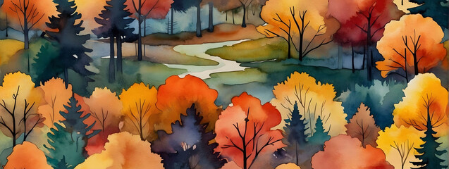 Picturesque Autumn Retreat, Watercolor Illustration of a Forest Landscape During Fall, Featuring Red and Yellow Trees, Pine Trees, and Minimal Flat Scenery.