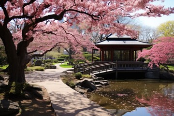 Brooklyn Botanic Garden, USA: A scene from the Cherry Esplanade and the Japanese Hill-and-Pond Garden.