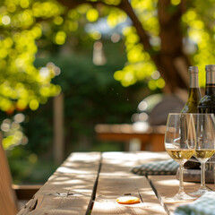 summer time in backyard garden with grill BBQ, wooden table, blurred background.