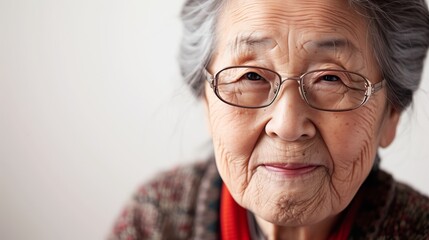 日本人のお婆ちゃん、笑顔のアップ、白背景
