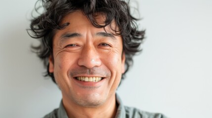 Fototapeta premium 日本人の中年男性、笑顔のアップ、白背景 