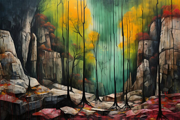 hopeful forest beside rocky outcrop, abstract landscape art, painting background, wallpaper