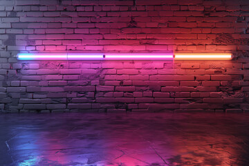Bright neon light strip contrasts against an old, grungy brick wall in an urban setting. Backdrop for advertising 