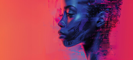 Fototapeta premium beautiful face profile of a black graceful woman drawn on pink red background with blank space