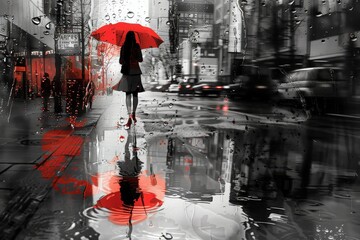 Illustrate a girl walking down a rainy street, umbrella in hand. Her  reflection in the puddles on the ground is shown in vivid color, while the rest of the scene is depicted in black and white