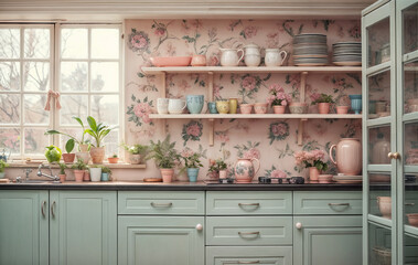 Quaint kitchen interior in pastel colors created with Generative AI technology