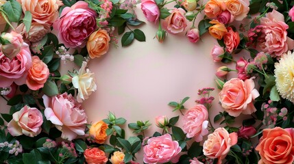Rose background in the empty center surrounded by a circle of bright roses.