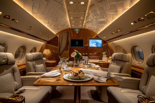 Luxurious first-class cabin with personal service and gourmet dining on passenger airplane
