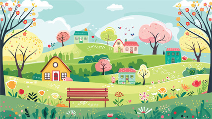 Hello spring landscape with bench houses fields and n