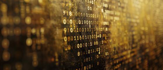 Detailed close-up of a wall covered in binary numbers zero and one. Gold digital abstract background. Coding backdrop of binary system .