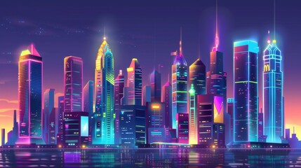  digital cityscape with neon lights in vibrant colors