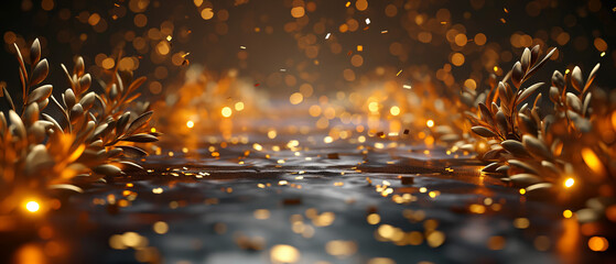 Background for award. Abstract view of gold leaves with blurred edges against a dark backdrop
