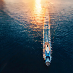 Aerial view of a cruise ship sailing on a shimmering sea at sunset, with beautiful light trails