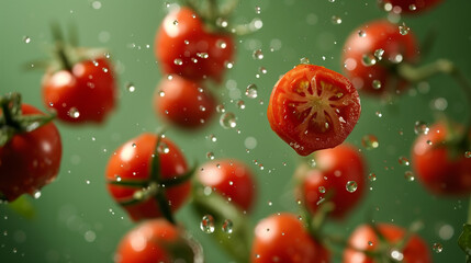 a beautiful background of falling red tomatoes together with water drops and some tomatoes cut in half, a beautiful background in pleasant light tones symbolizing the freshness, ripeness and purity 