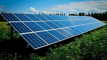solar panels in field at photovoltaic power station, depicting green energy.