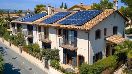 Fototapeta premium residential building on European street with solar panels installed on the roof. summer.