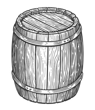 recommend clip art: Oak wooden barrel, engraving style. Hand drawn sketch drawing