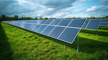 solar panels in field at photovoltaic power station, depicting green energy.