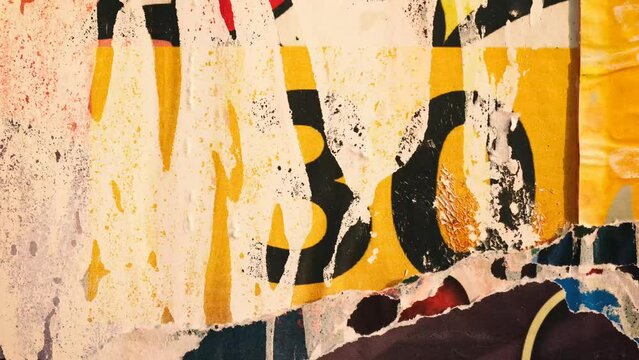 Old colorful posters ripped torn crumpled paper abstract grunge texture wall backdrop placard surface, Seamless loop collage urban street posters slideshow background