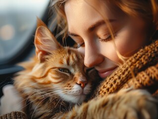 Young woman wears warm sweater resting with tabby cat on sofa