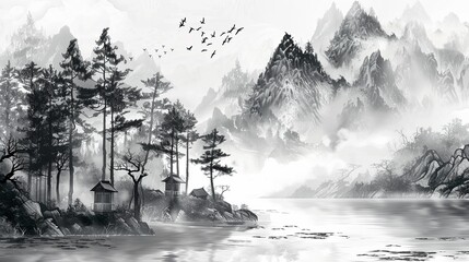 Chinese landscape painting in the ink style with black and white tones depicts pine trees on the bank of a river in mountains