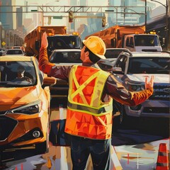 happy traffic man with a lot of cars behind a construction site --stylize 50