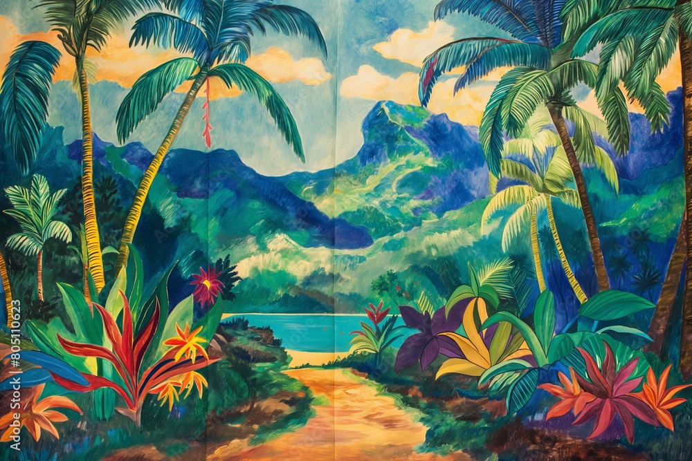 Poster essence of a tropical paradise with a vibrant and colorful scene
