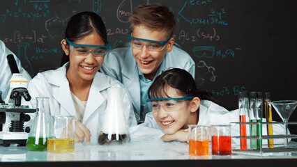 Girl looking at beaker while doing experiment at blackboard with chemistry theory in STEM class....