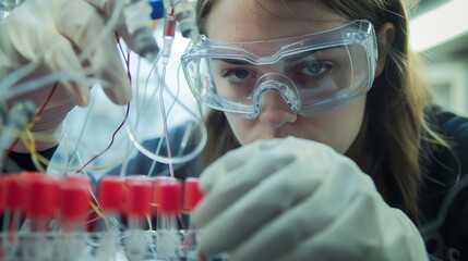 Close-up view of a focused female scientist with protective goggles conducting experiments in a lab setting