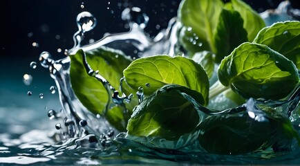 water drops on green leaf of mint, mint inside water, water splash on mint