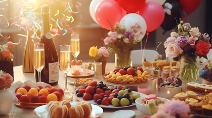 A festive birthday brunch with colorful balloons, fresh flowers, and delicious food spread out on a beautifully decorated table.