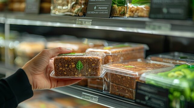 Hand picking up a loaf of grain bread from a grocery shelf, signifying organic food options, Concept of clean eating and organic grocery shopping