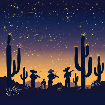 An elegant vector background featuring a stylized illustration of a Mexican mariachi band performing under a starry night sky, with silhouetted cacti in the foreground