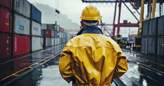 worker in a hard hat and yellow jacket in a cargo port, view from the back against the background of cargo sea containers