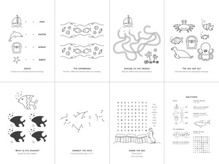 Set of seven games on the theme of the sea. Game and coloring page for kids. English language. Vector illustration. Set No. 3.	
