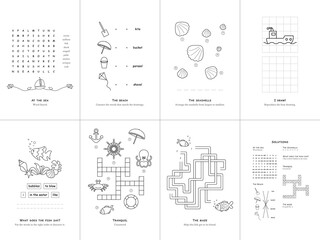 Set of seven games on the theme of the sea. Game and coloring page for kids. English language. Vector illustration. Set No. 2.	