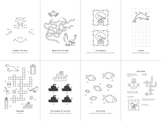 Set of seven games on the theme of the sea. Game and coloring page for kids. English language. Vector illustration. Set No. 1.	