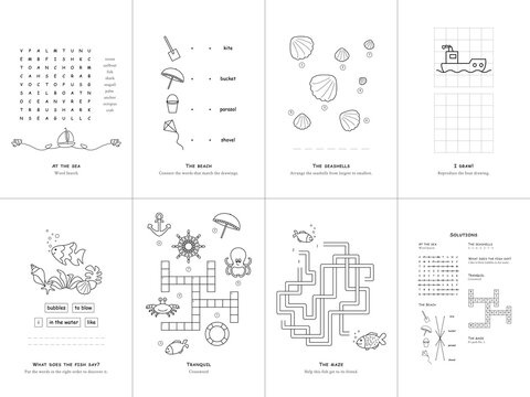 Set of seven games on the theme of the sea. Game and coloring page for kids. English language. Vector illustration. Set No. 2.	