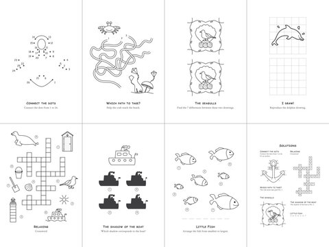 Set of seven games on the theme of the sea. Game and coloring page for kids. English language. Vector illustration. Set No. 1.	
