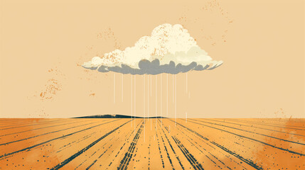 a white cloud from which it rains over a field sown with agricultural crops, timely rain for a good harvest, abstract illustration