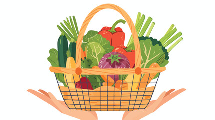 Human hands hold Eco basket full of vegetables 