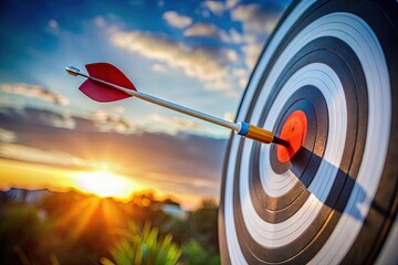 The arrow hit the highlighted target. Advertising, marketing and targeting. Right on the bull's-eye. Success. Choose a goal, define a task. Purposefulness and insight. Succeed in work.
