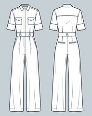 Jumpsuit technical fashion Illustration. Casual Jumpsuit fashion flat technical drawing template, relaxed fit, pocket, button, short sleeve, front and back view, white, women, men, unisex CAD mockup.