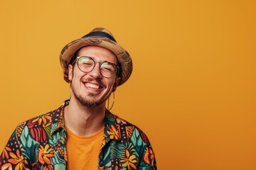 Georgian adult male in stylish outfit winking and smiling against solid color background