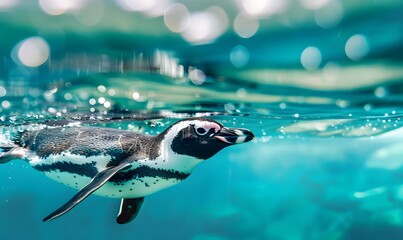 penguin swimming underwater during the daytime in a bright turquise sea, Generative AI 