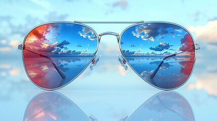 stylish sunglasses in which a beautiful sky with white clouds is reflected, they stand on a mirror surface against the background of the sky, look at life through a filter